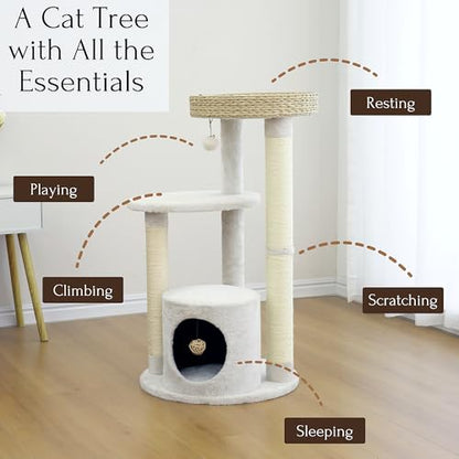 PetPals 4-Level Multi-Activity Cat Tree with Base Condo,Handwoven Paper Rope Top Nest Bed, Replaceable Sisal Scratching Posts,Teaser Toy (Cream and Beige) - color: Cream and Beige