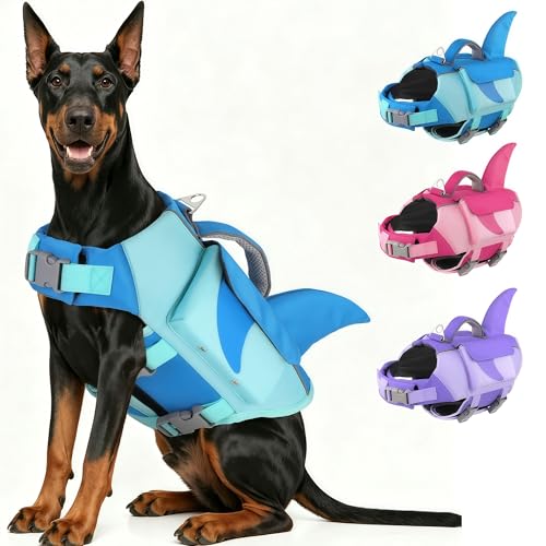 Dog Life Jacket Shark– High Flotation Dog Life Vest with Reflective Stripes, Pet Swimming Vest with Rescue Handle for Small Medium and Large Dogs, Suitable for Swimming & Boating – Blue, M - color: Blue, size: Medium