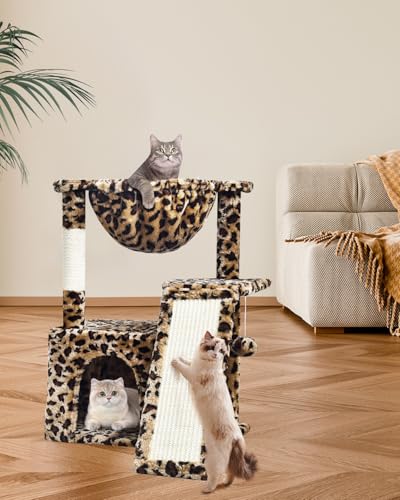 SYANDLVY Leopard Print Cat Tree for Indoor Cats, Small Cat Tower with Scratching Post & Board, Modern Activity House Condo with Cradle, Hanging Ball for Play, Kittens Cave - color: Leopard Print