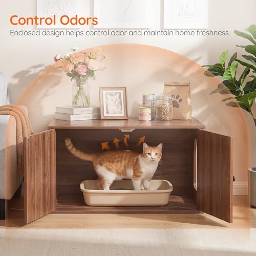 HOOBRO Cat Litter Box Enclosure, Hidden Litter Box Furniture with Side Entry, Litter Box Cabinet, Indoor Cat House, End Side Table, 31.5"L x 17.7"W x 16.3"H, for Living Room, Bathroom, Walnut WL40MW01 - color: Walnut