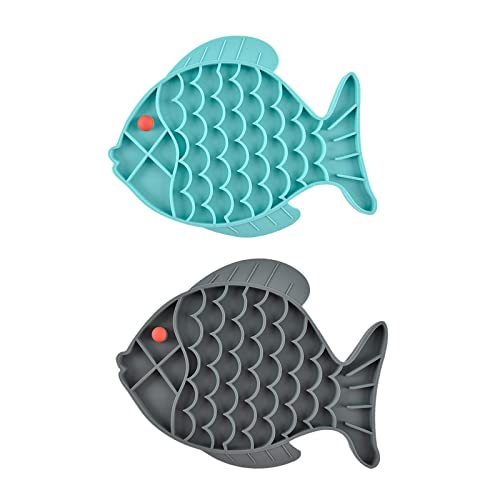 Slow Feeder Cat Bowls, 2 Pack Fish-Shaped Silicone Puzzle Feeders for Healthy Eating & Anxiety Relief - Lick Treat Mat for Dogs & Cats (Blue+Grey)
