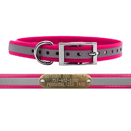 Outdoor Dog Supply Personalized 3/4” Reflective Pink Waterproof D-Ring Dog Collar for Small & Medium Dogs | 3/4" Custom Brass Nameplate (15") - color: Reflective Pink, size: 15" Long
