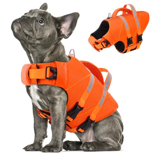 Queenmore Large Dog Life Jackets for Swimming, Boating & Beach, High Buoyancy Ripstop Vibrant Refelctive Pet Life Vest with Rescue Handle & Leash Hook for Large Breed Dogs, Orange - color: Hi-Vis Orange, size: Large