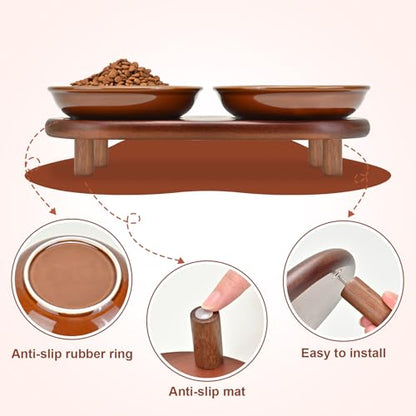 SPUNKYJUNKY Shallow Elevated Cat Bowl with Acacia Wood Stand Wide Raised Ceramic Cat Dishes Whisker Friendly Pet Food and Water Plates (Striped Pattern, Brown) - color: Brown