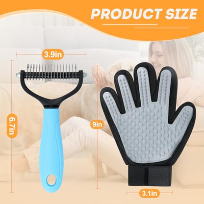Cat & Dog Grooming Gloves for Shedding Brushes 1 Pair and Pet Grooming Rake 1PC, Double Sided Dematting, Deshedding Brush & Massage, Safe for Dogs & Cats - color: Grey Blue Pet Grooming Gloves and Rake