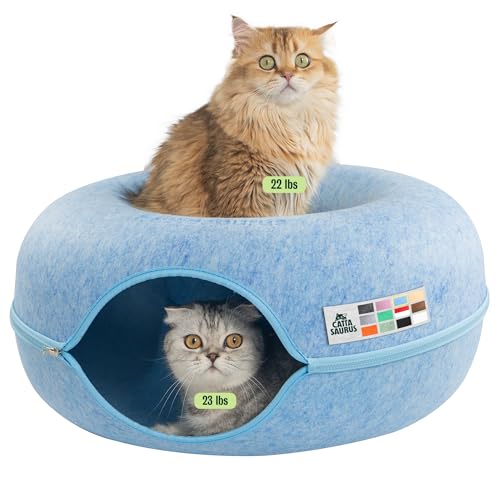 Cattasaurus Peekaboo Cat Cave Donut for Multiple & Large Cats up to 30-45 lbs, 3-in-1 Self Warming Cat Bed, Tunnel & Scratcher for Indoor Cats, Washable & Detachable Small Dog Bed (Blue, Large) - color: Blue, size: Large