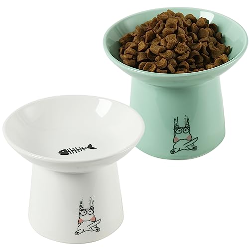 6.5 Inch Extra Wide Raised Cat Bowls, Ceramic Elevated Cat Bowl for Food and Water, Wide Shallow Cat Food Dish, Whisker Fatigue, Protect Spine, Lead & Cadmium Free, White & Green - color: White & Green