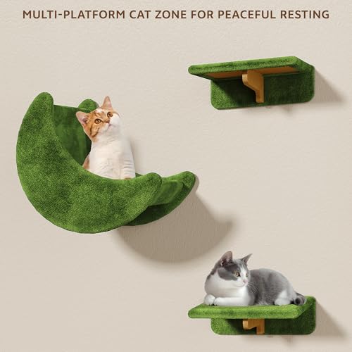 13-in-1 Cat Wall Shelves, Wall Mounted Cats Furniture Set with Plush Fabric, Cat Climbing Wall Systems, Cats Shelf with Moon Hammock, Condo, House, Step, Bridge Ladder, Scratching Post, Green - color: Green, size: 13-in-1