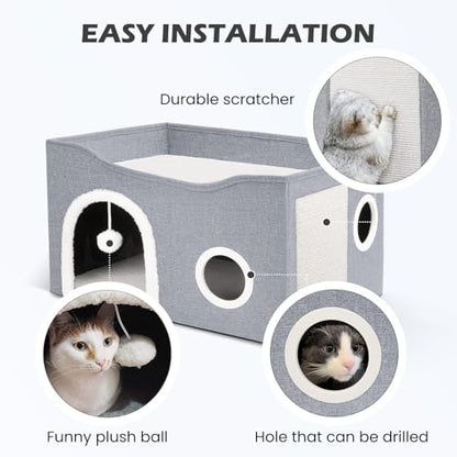 Heeyoo Cat House for Indoor Cats - Large Cat Bed Cave with Fluffy Ball and Scratch Pad, Foldable Cats Houses & Condos, Cat Hideaway, Covered Kitty Bed for Multi Small Large Kitty, 23.8x15.9x13.2 Inch - style: Without heat pad