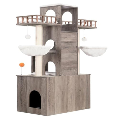 Heybly Cat Tree with Litter Box Enclosure for Indoor Big Cat, Cat Tower for Large Cats 20lbs Heavy Duty, Modern Cat Condo Furniture with Scratching Posts, Rustic Gray HCT110SG - color: Rustic Gray