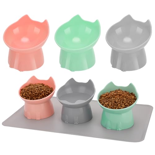 3 Pcs Elevated Cat Bowls 15°Raised Cat Food Bowl with Silicone Mat Whisker Friendly Anti Vomiting Cats Dishes Pet Food and Water Bowls for Indoor Cats Kittens, Pink, Green, Gray - color: Pink, Green, Gray