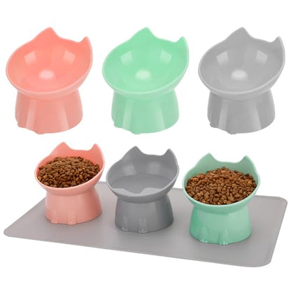 3 Pcs Elevated Cat Bowls 15°Raised Cat Food Bowl with Silicone Mat Whisker Friendly Anti Vomiting Cats Dishes Pet Food and Water Bowls for Indoor Cats Kittens, Pink, Green, Gray - color: Pink, Green, Gray