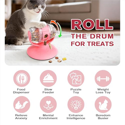 Cat Slow Feeder Toy, Adjustable Difficulty Puzzle Toy with Rotating Lid - Interactive Mental Stimulation Food Dispenser for Indoor Cats, Slows Down Eating for Dry Food & Treats (Pink)