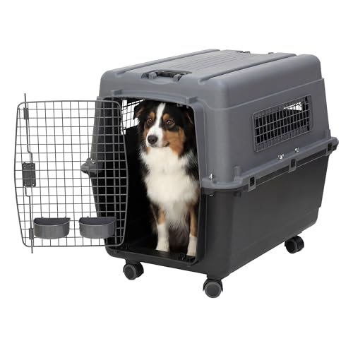 SportPet Airline Compliant LARGE 31.5" Travel Dog Kennel- Durable Plastic Airline Pet Carrier w/ Removable Wheels & Food Bowls, Collapsible Indoor/Outdoor Dog Kennel, Dogs up to 28"L & 20"H-Dark Gray - color: Dark Gray, size: 31.5"L x 22.0"W x 23.0"H