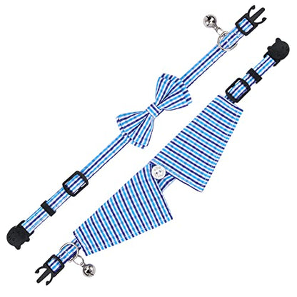 Faleela 2 Pack/Set Cat Collar with Cute Bow Tie and Bell,Breakaway Plaid Shirt Collar for Kitty Adjustable Safety - color: 2023new-Blue Plain