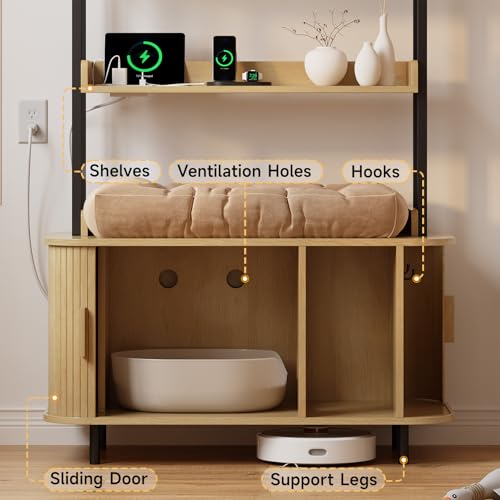ONBRILL 54 Inch Hidden Litter Box Furniture with Shelves and Outlets,Fluted Cat Litter Box Enclosure, Mid-Century Modern Wooden Cat House with Sliding Tambour Door and Hooks, Oak - color: Oak