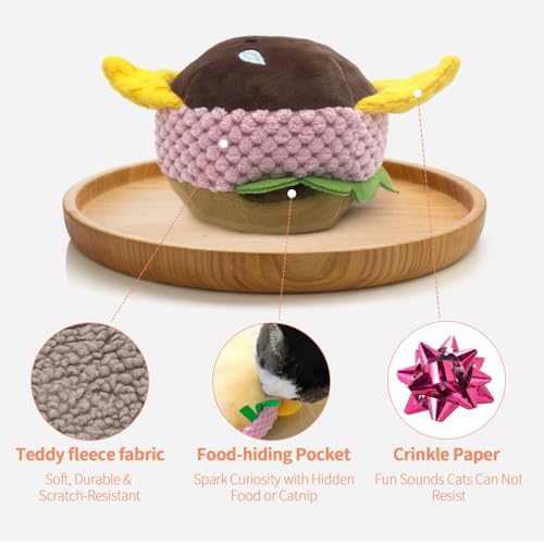 Cat Toy Burger Shape, Fun Kick and Toss Catnip Toy with Crinkle Sound, Includes Catnip & Silvervine Powder (5g+5g) + 5 Reusable Pouches, Gift for Indoor Cats - size: Short