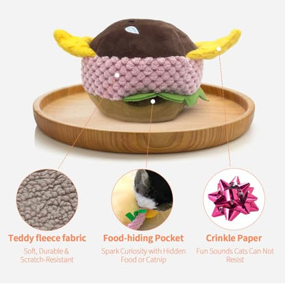Cat Toy Burger Shape, Fun Kick and Toss Catnip Toy with Crinkle Sound, Includes Catnip & Silvervine Powder (5g+5g) + 5 Reusable Pouches, Gift for Indoor Cats - size: Short