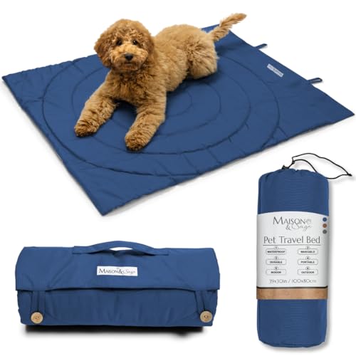 Dog Travel Mat - Portable Waterproof Foldable Dog Bed for Home, Car, Crate & Outdoor - Washable Roll Up Pet Mat for Medium & Large Dogs (39"x30") - Includes Carry Bag - color: Blue