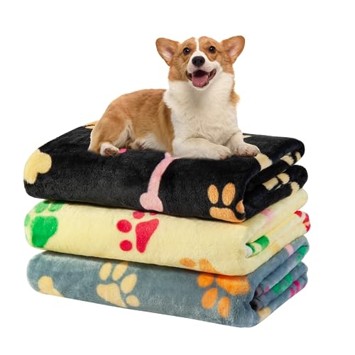 Dono 1 Pack 3 Blankets for Dogs, Soft Fluffy Paw Print Pattern Fleece Pet Blanket Warm Sleep Mat Cute Print Design Puppy Kitten Blanket Doggy Mat for Dog Doggy (Black/Yellow/Gray, M(30 * 20")) - color: Black/Yellow/Gray, size: M(30*20")