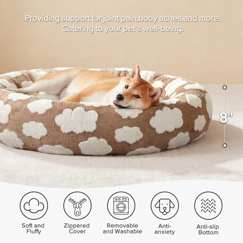 JOEJOY Donut Dog Bed Medium Size Dog, Cute Round Calming Pet Bed with Removable Washable Cover, Orthopedic Puppy Bed with Jacquard Shaggy Plush & Non Skid Bottom - color: Brown, size: M (30x30x8)