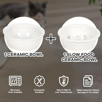 LEAWALK Upgraded Adjustable Height Cat Food Bowls Stand Ceramic Dog Bowls and Slow Feeder Cat Bowl, 15°Tilted Stand Anti Vomiting Raised for Small and Medium Sized Cats Dogs (Creamy White) - color: Creamy White