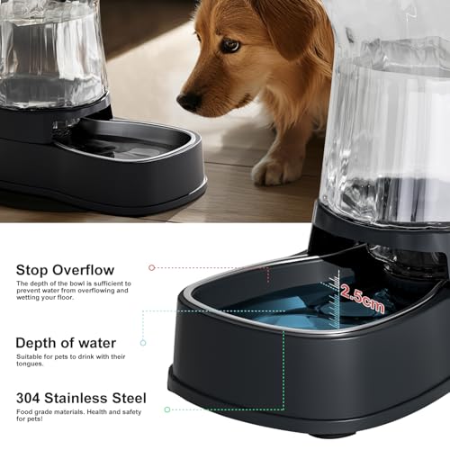 Gardner Pet Automatic Dog Water Dispenser Gravity Stainless Steel Waterer & Food Feeder Set, 100% BPA Free Large Capacity Feeding Bowls for Medium & Large-Sized Dogs Cats Other Pets -(1 Gallon x2) - color: Dark Grey-Sets, size: 1 Gallon (Water & food disp