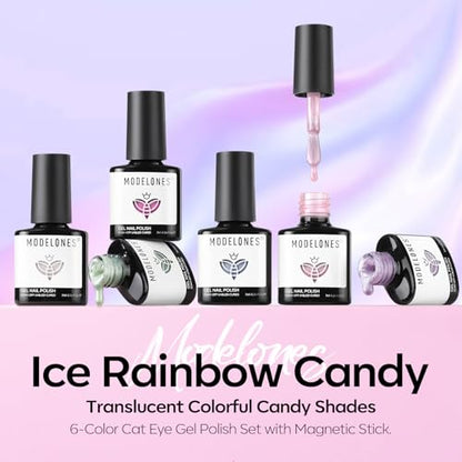 Modelones Cat Eye Gel Nail Polish, 6 Colors Glitter Summer Pink Blue Green Blue Gel Polish Set with Magnet Sparkle Translucent Nail Polish Kit Soak Off Led Nail Art Manicure Salon DIY Gifts - color: A-0 Ice Rainbow