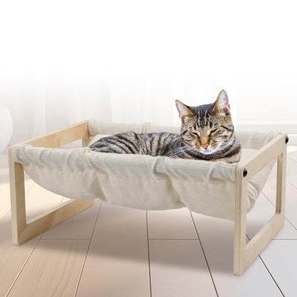Cat Bed with Removable Washable Cushion, 9.5" Elevated Wooden Cat Hammock Bed, 360° Visibility Dog/Cat Cot with Cozy Winter Pads for Kitty, Puppy, Rabbit and All Pets - color: Cream Color (Thick)