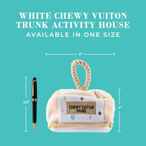 Haute Diggity Dog Chewy Vuiton Trunk Puzzle with 3 Plush Squeaky Dog Toys, Soft Durable Designer-Inspired Stuffed Puppy Chew Toys for Small & Medium Dogs, Machine-Washable (White) One Size - color: White Trunk, size: One Size