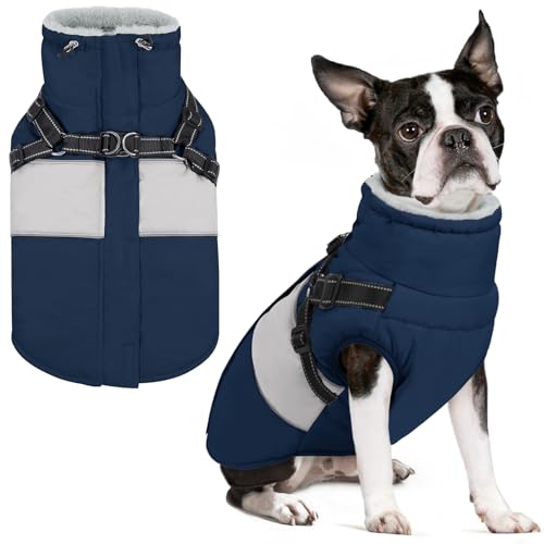 Dog Winter Coat, Waterproof Dog Coat Jacket with Harness for Medium Dogs Boys Girls, Reflective Fleece Lined Pet Snow Jacket Sweaters for Pug, Jack Russel, Boston Terrier, Navy Blue M - color: Navy Blue, size: Medium
