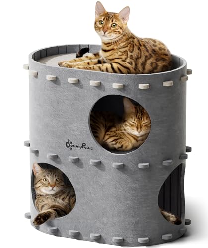 DownyPaws Cat House for Indoor Cats, 2-Storey Foldable Cat Bed Cave, Felt Cats Tunnel Bed Condo, Castle Kitten Cube Hideaway for Multicats, Scratch Resistant, Light Gray - color: Light Gray, size: Double