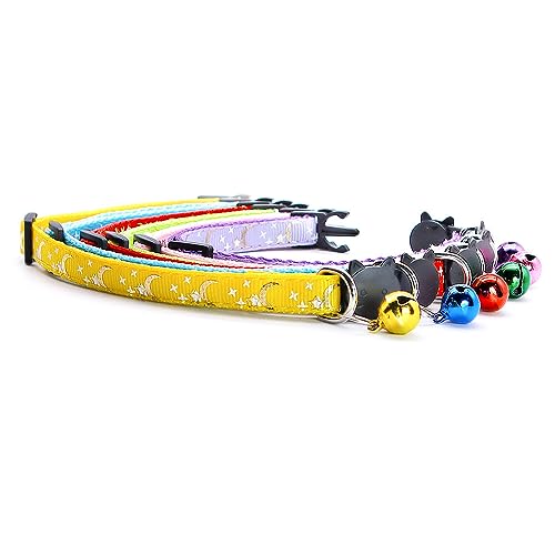 Reflective Cat Collars Breakaway with Bell 2-Pack Girl Boy Pet Kitten Collar with Star Moon Patetrn Adjustable 7.5-12.5 Inch (Yellow) - color: Yellow