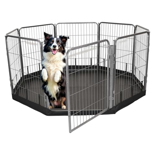 Dog Playpen w/Octagon Bottom Floor Cover - 32 inch, 8 Panel Portable Grey Metal Pet Play Pen for Small & Medium Dogs - Indoor/Outdoor Kennel Cage for Home, Yard, RV, or Camping - size: 32 Inch