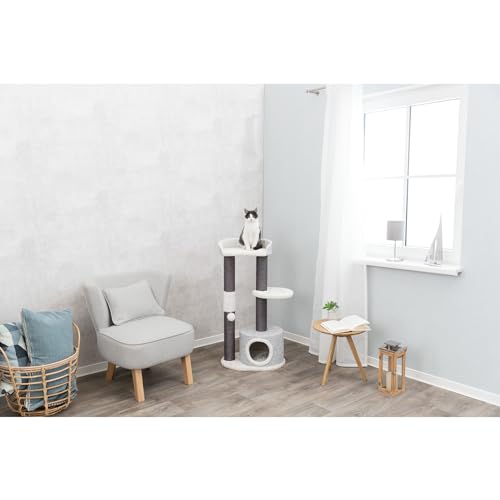 TRIXIE Pilar Cat Scratching Post 39.4 Inch - with Durable Sisal Rope (Gray) and Condo, Two Platforms, Top Platform with Backrest & Dangling Cat Toy - in Gray - color: Pilar
