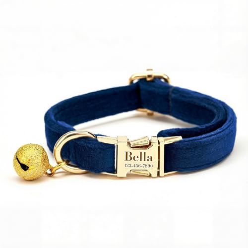 Custom Cat Collar with Bells Personalized Small Cat Collar Engraved Name & Phone Number with Secure Metal Quick-Release Buckle Adjustable (Sapphire Blue) - color: Sapphire Blue