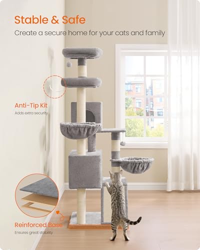 Feandrea Cat Tree, 68.5-Inch Tall Cat Tower, Multi-Level Plush Condo with Large Perch, Scratching Posts, Double Caves, Dove Gray UPCT006G01 - color: Dove Gray