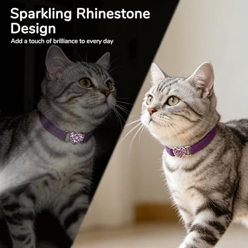 BINGPET Diamond Cat Collar,Adjustable Soft Velvet Leather Safe Kitten Collar with Crystal Heart Charm and Bells,Girl Boy Bling Stylish Cat Collars with Safety Elastic (Purple, Neck Girth 8"-10") - color: Purple(Heart), size: Neck Girth 8"-10"
