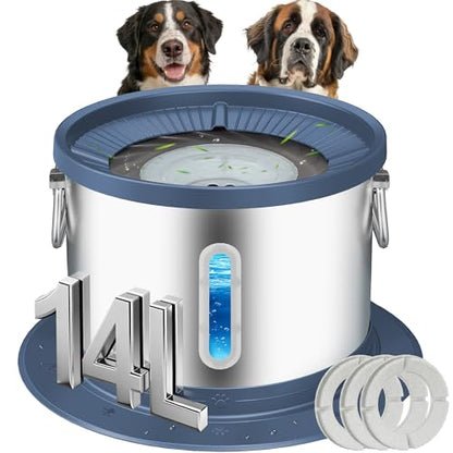 UPSKY 14L No Spill Dog Water Bowl, Stainless Steel Spill Proof Dog Bowl with Water Window, Dual-Suction Anti-Slip Large Capacity Slow Drinking Bowl with Floating Disk for Large Dogs & Messy Drinkers - color: Blue