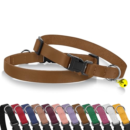 Breakaway Cat Collar with Bell - Leather Adjustable Kitten Collars with Safety Quick Release Buckle - Soft Small Pet Collars for Girl & Boy Cats (Brown) - color: Brown