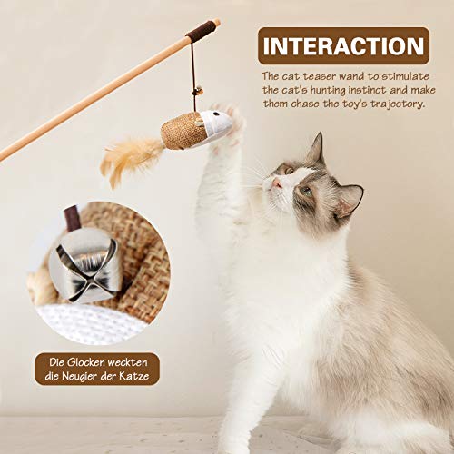 3-Piece Natural Wooden Cat Teaser Wand Toy Kit with 5 Silvervine Sticks and Elastic String Cat Pole Toy with Bell and Feather - color: Brown-3 Pcs linen style