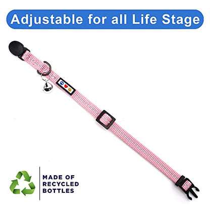 Pawtitas Recycled Pink Reflective Cat Collar – Eco-Friendly Breakaway Safety Buckle, Adjustable Kitten & Adult Collar with Removable Bell and High-Visibility Strap - color: Recycled Pink