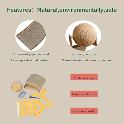 Cat Scratcher with Sisal Ball & Tunnel Toy, Dual-Surface Furniture Protector for Cats, Chinchillas, Hamsters, Rabbits - Stable Wide-Base Arch Design(Not for Large Cats)