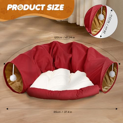 Spardar Bunny Tunnel Bed, 2-in-1 Collapsible Tunnel Tubes Toys, Washable, with Removable Mat Hideout, Interactive Toys for Rabbits Chinchilla Hedgehog Guinea Pigs Kitty, Red - color: Red