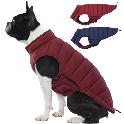 Lelepet Reversible Dog Coat Waterproof Dog Jacket Windproof Puffer Vest for Winter Warm Lightweight Coats for Small Dogs Adjustbale Hook & Loop Pet Apparel with Leash Hole, Pug, Wine Red, M - color: Wine Red, size: Medium