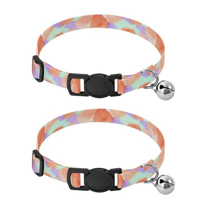 Watercolor Petals Mint Adjustable Pet Collar, 2 Pack Cat Bell Collar - color: Watercolor Petals Mint