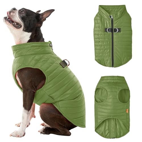 Gooby Puffer Vest - Green, Small - Ultra Thin Zip Up Windbreaker with Dual D Ring Leash - Water Resistant Dog Sweater Coat for Small Dogs - color: Green, size: Small chest (15")