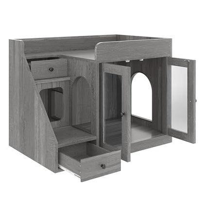 Merax Cat Litter Box Enclosure Furniture with Light,Hideaway Litter Box Furniture with 2 Storage Drawers for Living Room,Gray - color: Grey