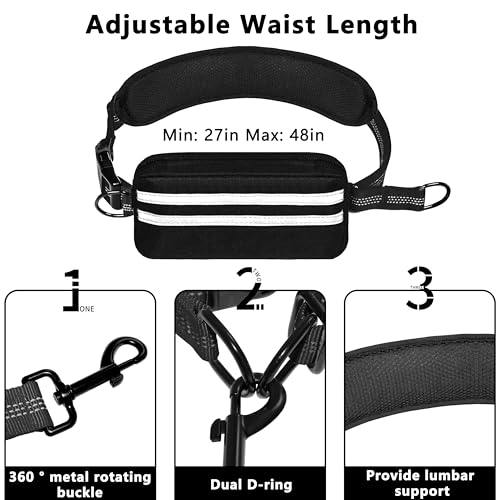 Hands Free Dog Leash with Zipper Pouch, Running Waist Leash for Dog Walking, Adjustable Waist Belt for Large Dogs, Reflective Bungee Design with Two Handle for Hiking,Training, Black - color: Black