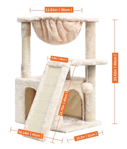 SYANDLVY Cat Tree for Indoor Cats Large Adults, Modern Activity Tower with Scratching Posts & Board, Condo with Plush Perch, Climbing Stand with Cradle & Hanging Ball for Play, Beige - color: Beige